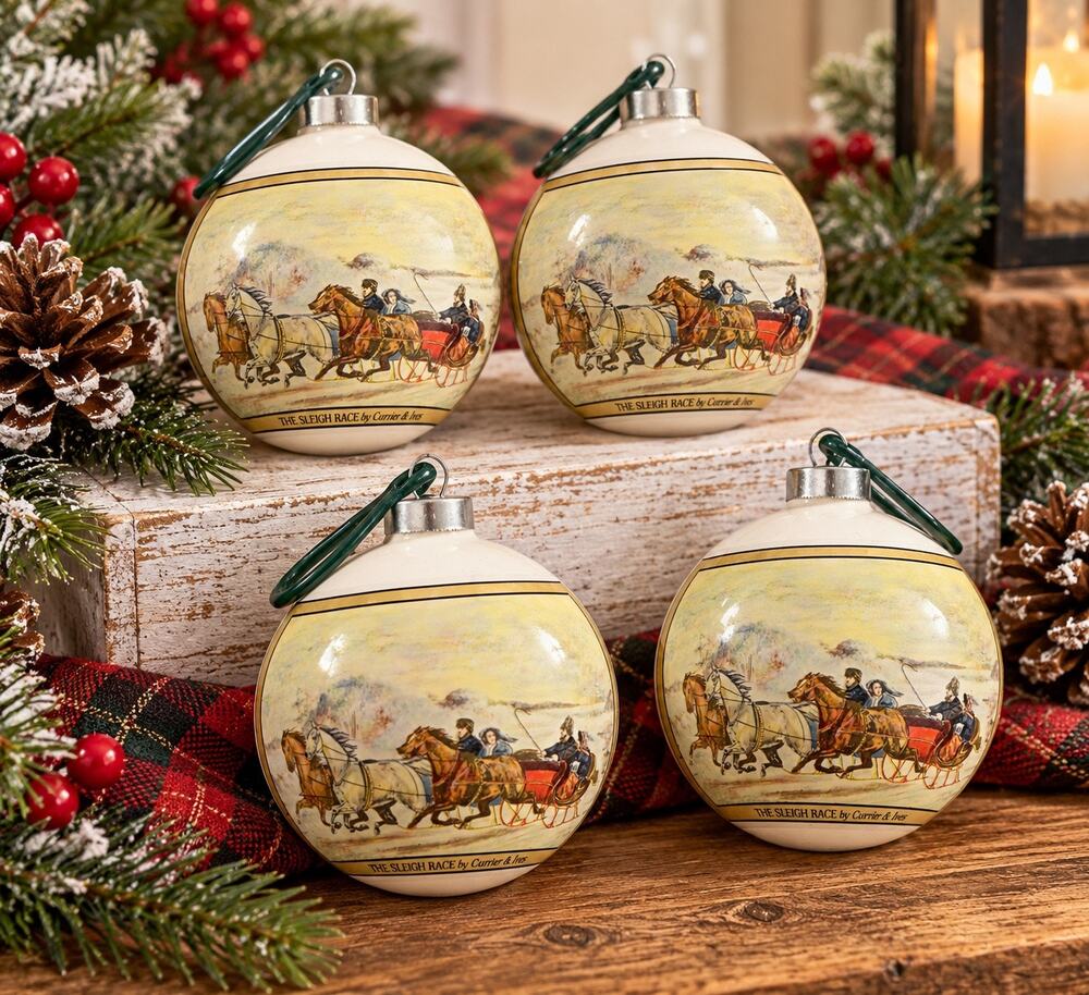 Vintage Currier & Ives The Sleigh Race Christmas Ornaments Set of 4